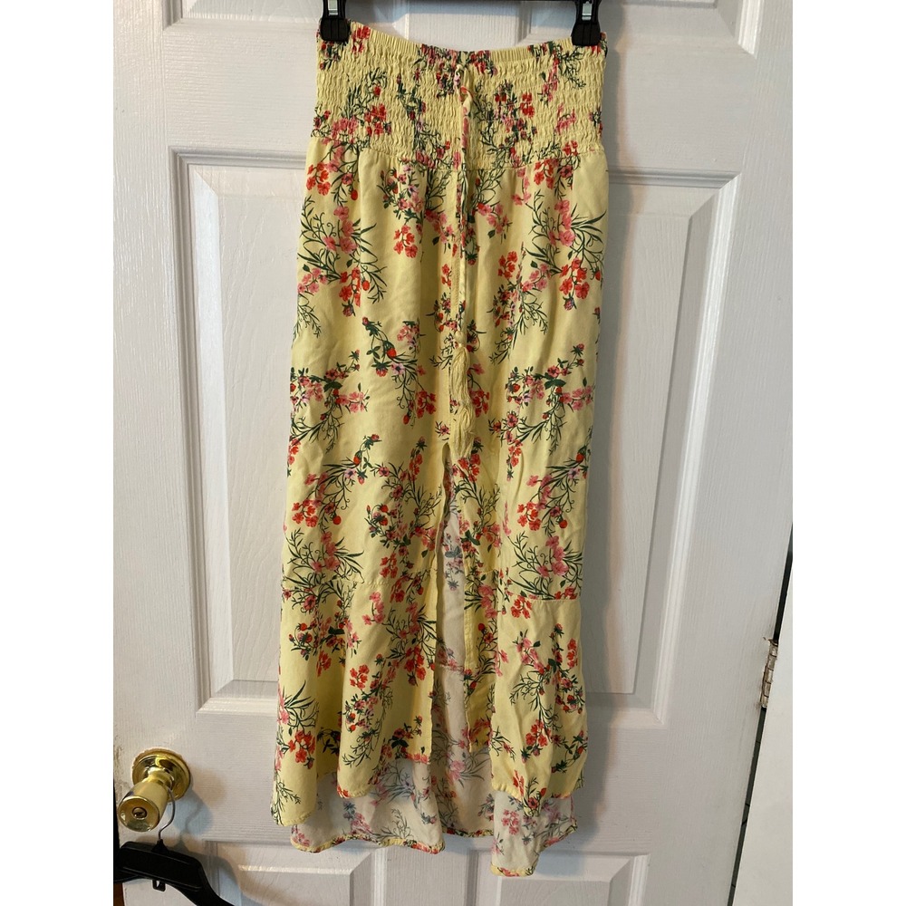 No Boundaries Yellow Floral Smocked Maxi Skirt High Slit Tassel XS 1 Boho Summer